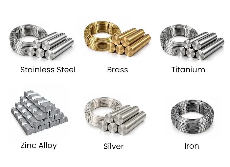 Custom chain link raw material options including stainless steel, brass, titanium, zinc alloy, silver and iron.