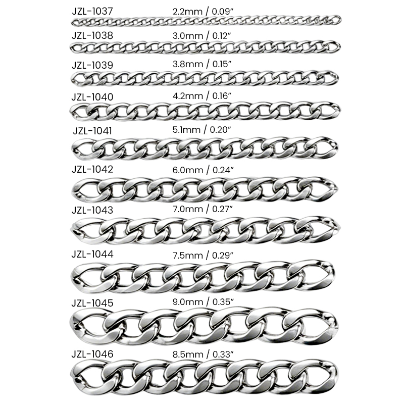Continuous length of 304 stainless steel cuban chain chain showing its repeating oval link pattern
