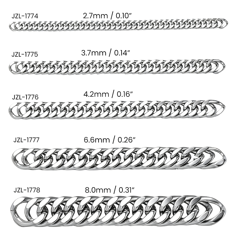 Continuous length of 304 stainless steel 4 side cut miami cuban chain showing its repeating oval link pattern