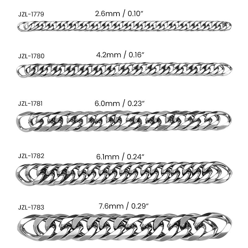 Continuous length of 304 stainless steel 6 side cut miami cuban chain showing its repeating oval link pattern