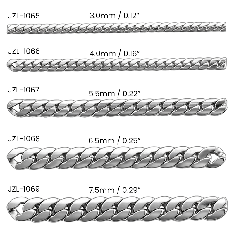 Continuous length of 304 stainless steel cuban chain chain showing its repeating oval link pattern