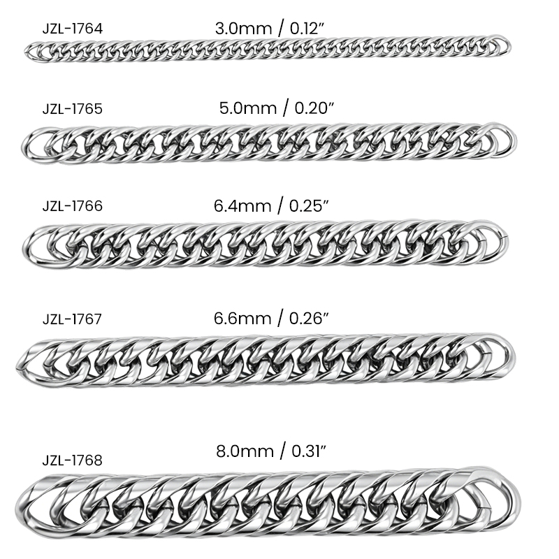 Continuous length of 304 stainless steel miami cuban chain showing its repeating oval link